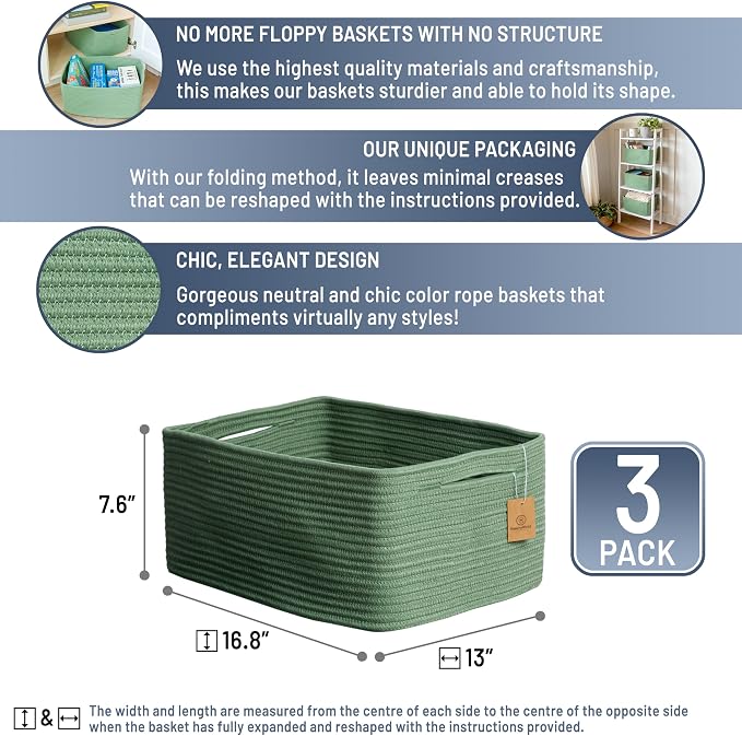 NaturalCozy Storage Baskets 16.8”x13”x7.6” Cotton Rope Woven Baskets for Organizing 3-Pack | Toy Storage Bins | Basket for Shelves, Laundry, Blanket, Clothes, Closet, Kitchen, Bathroom, Gifts