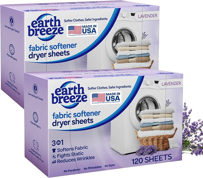 Earth Breeze Fabric Softener Dryer Sheets Lavender (2 Pack) | Hypoallergenic, No Harsh Chemicals, Safe Ingredients – Soft Clothes – Static Cling & Wrinkle Reducer – Gentle Fabric Care