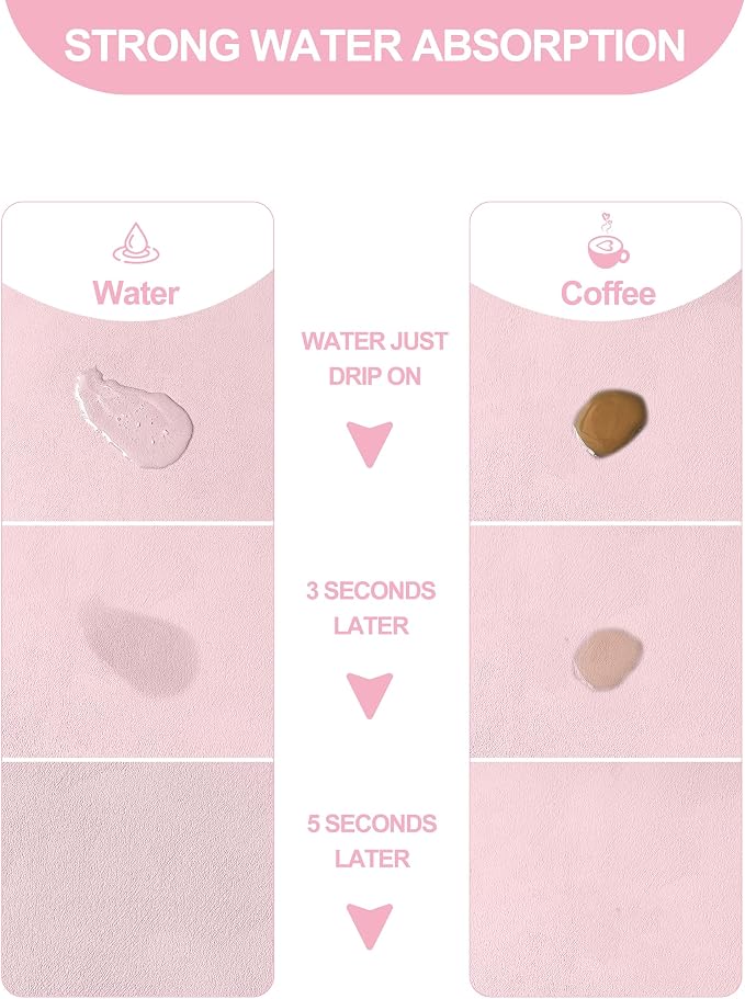 Dish Drying Mat for Kitchen Counter, 12"x19" Dish Drying Pad with Non-slip Rubber Backed, Hide Stain Anti Absorbent for Kitchen Counter, Drying Mat for Coffee Machine Dish Rack (Pink)