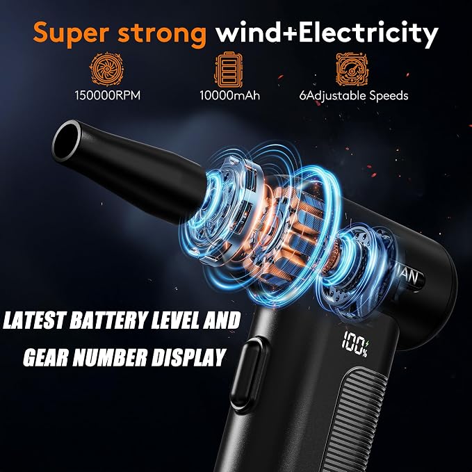 Compressed Air Duster Electric : 150000RPM 10000mAh LED 6-Gear Adjustable Keyboard Cleaner, Wireless Rechargeable Duster for Computer Keyboard Cleaning