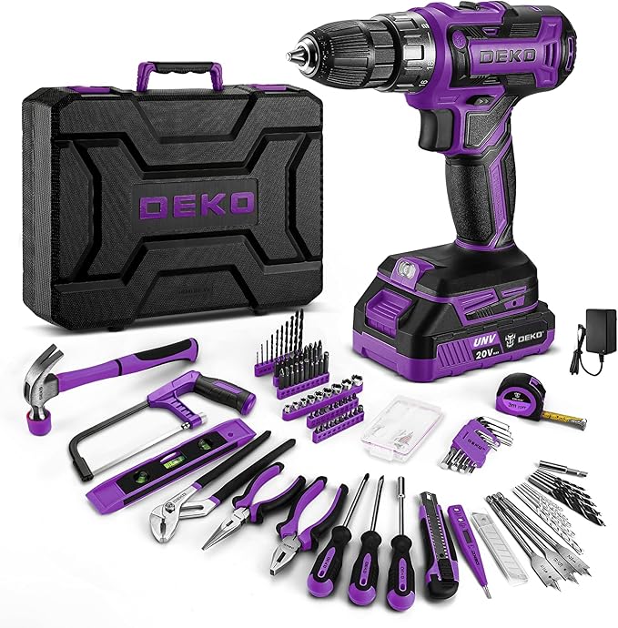 Drill Tool Kit Set: 20V Cordless Power Drill Tool Box with Battery Electric Drill Driver for Men Home Hand Repair Basic Toolbox Tools Sets Drills Case, Purple