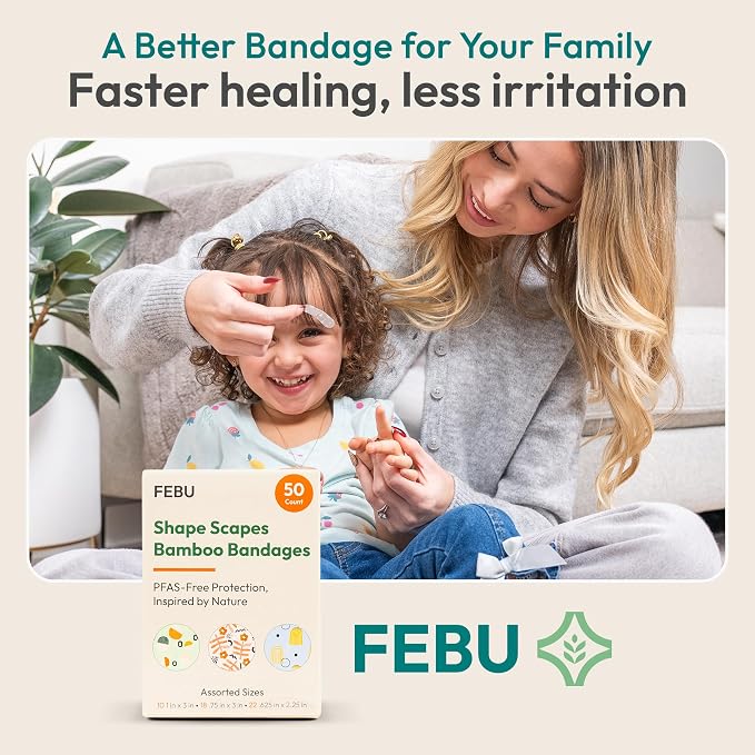 FEBU Shape Scapes Print Bamboo Fabric Bandages, 50 Count Strips | PFAS Free, Flexible Fabric, Natural Hypoallergenic for Scraps, Cuts and First Aid, Compostable, Latex Free