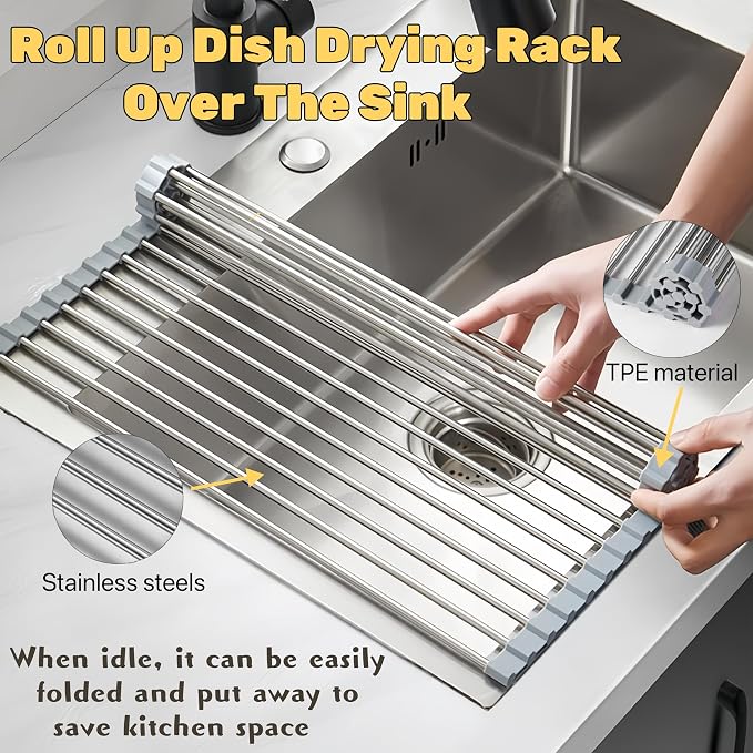Roll Up Dish Drying Rack 19.7" x 15.8" Over The Sink Dish Drying Rack, Kitchen Dish Rack Stainless Steel Dish Drying Rack for Kitchen Sink Counter Storage (Grey)
