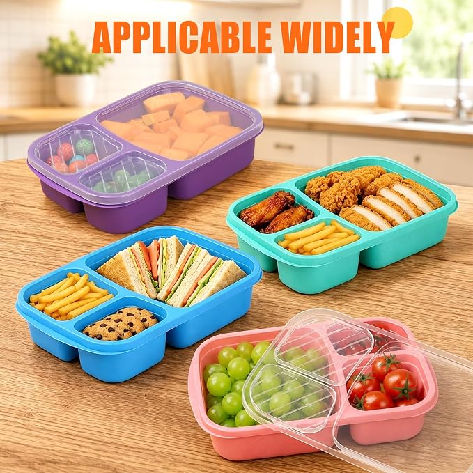 buluker 4 Pack Bento Lunch Box Set 3 Compartment Food Storage Containers Wheat Straw Meal Prep Lunch Box Plastic Food Storage Containers, Microwave and Dishwasher Safe (Vivid Colors)
