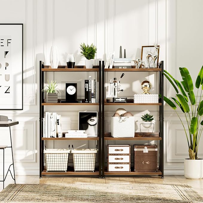NUMENN Bookshelf, 4 Tier Freestanding Shelving Unit, Vintage | Metal Frame & Wood Shelves, Falling Prevention Baffle, Open Storage Bookcase for Bedroom, Living Room & Home Office