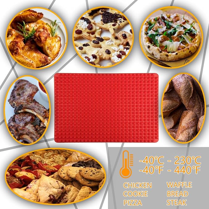 Silicone Baking Mat Pyramid Sheets Cooking Pan 16"x11" 2 Pack-Red，Best Healthy Fat Reducing Nonstick Cooking Mat for Baking Mat with Grid for Oven Grilling BBQ, Baking and Roasting