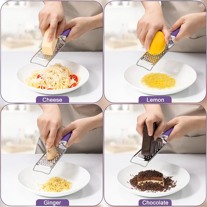 Rainspire Professional Cheese Graters for Kitchen Stainless Steel Handheld, Metal Lemon Zester Grater With Handle For Cheese, Chocolate, Spices, Kitchen Gadgets And Tools, Soft Grip Handle, Purple