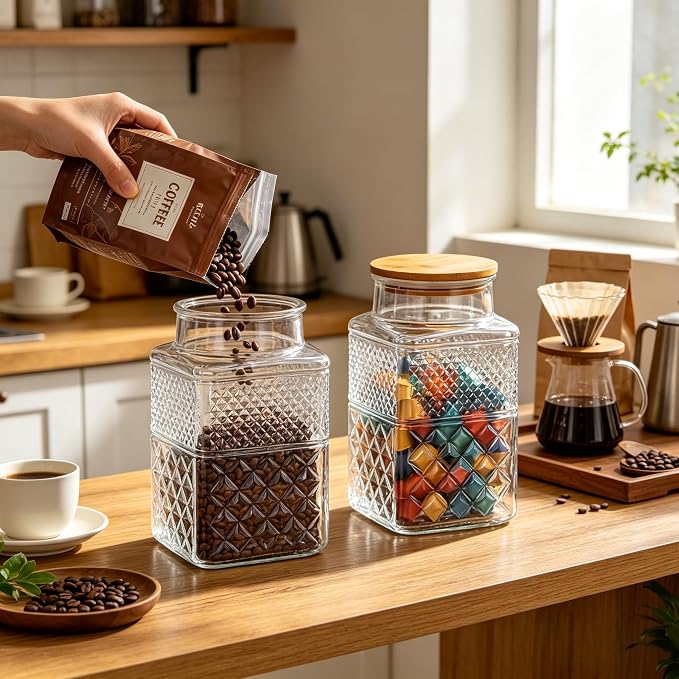 Large Glass Storage Jar, 60 FL OZ Glass Food Storage Containers with Bamboo Lid, Kitchen Laundry Room Organization Jar for Cookies Coffee Flour Sugar Laundry Pods Detergent Airtight Glass Jars