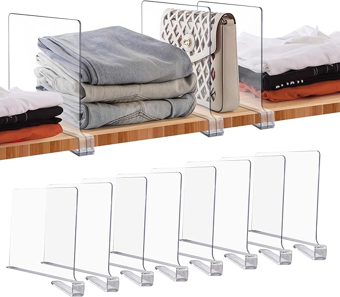 JOY DECOR 8 Pack Acrylic Clear Shelf Dividers for Closets Organizer and Storage Adjustable Vertical Wood Shelf Closet Separators for Clothes,Book,Bags in Bedroom and Kitchen | Adjustable Vertical Wood Shelf Closet Separators, Keep Clean, for Clothes,Bo...