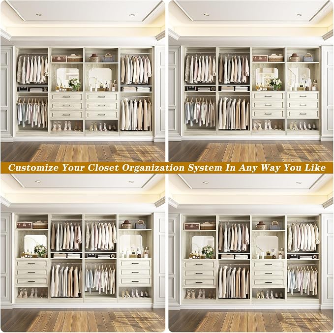Unikito Closet System with Drawers, 100” Wood Closet Organizer with Hanging Rods and Mirror, Large Walk in Wardrobe Garment Rack with Adjustable Shelves, Freestanding Closet Tower, White Oak