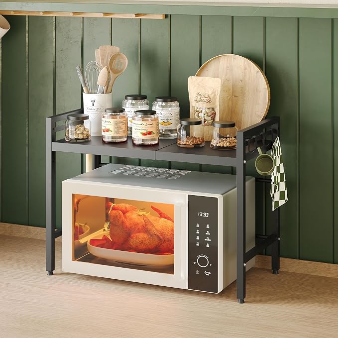 NETEL 2 Tier Expandable Microwave Stand countertop,Microwave Oven Rack | microwave shelf, storage shelves for pans &appliances,Adjustable partition height，8 Hooks，55lbs max load,Black