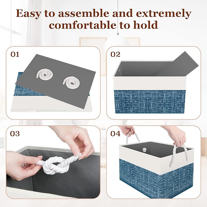 StorageTastic Storage Bin,Collapsible Storage Basket For Organizing,Large Storage Boxes With Rope Handles,Storage Containers,White & Blue,8 Pack