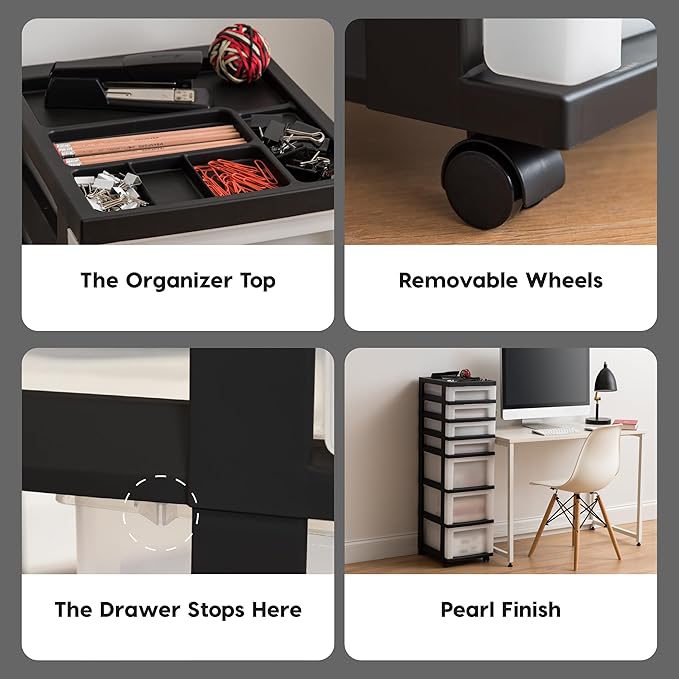 IRIS USA 7-Drawer Rolling Storage Cart, Black/Pearl | Keep craft supplies, office essentials, classroom items, and accessories organized with easy-access drawers for daily use