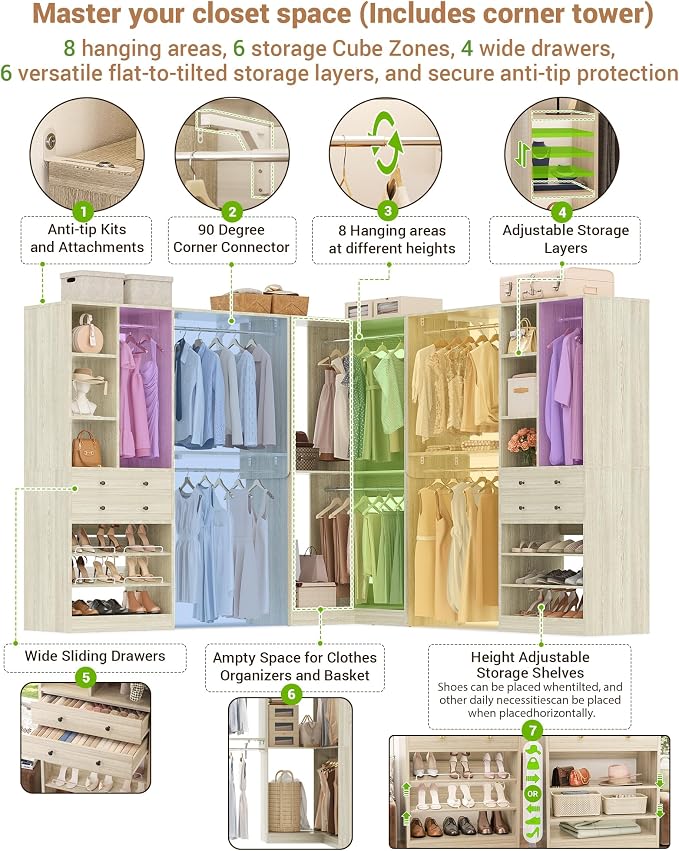 Large Closet System (Set of 3) with 4 Drawers, 8 Hanging Robs, 91.5"/151" Closet Organizer System with Corner Tower, Reversible Walk-in Closet System Corner Closet System, Greige Oak