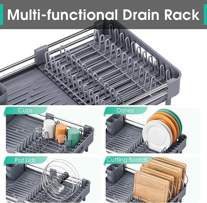 TOOLF Dish Drying Rack, Expandable Dish Rack for Kitchen Counter, Anti-Rust Dish Drainer, Sink Organization and Storage Essentials with Cutlery & Cup Holder, Gray