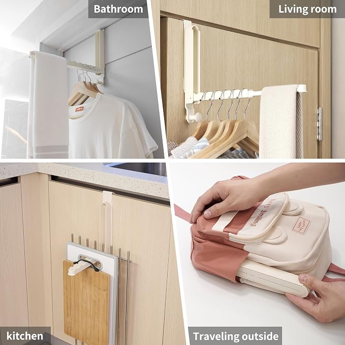 RFOUO Over The Door Hooks Hanger,Fit Door up to 1 3/4",Milky White,1 Pack | Aluminum,Retractable Rod, Space-Saving, Foldable Over The Door Drying Rack,No drilling, For Laundry Bathroom Bedroom Travel