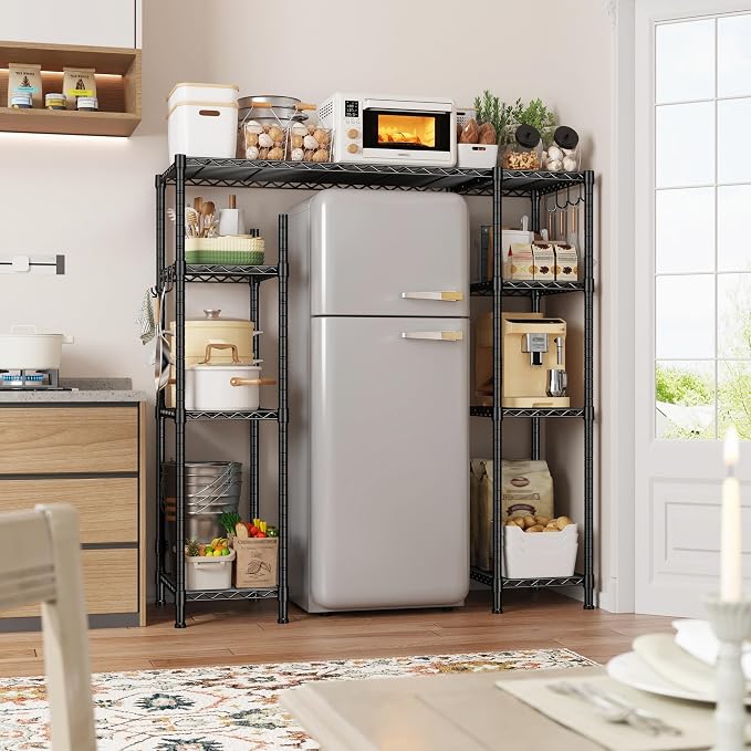 REIBII Mini Fridge Shelf with Storage,4-Tier Adjustable Shelves,665 lbs | With 8 Hooks,Fits Mini Fridge & Kitchen Appliances,Heavy Duty Steel Frame,Easy Tool-Free Assembly, Space-Saving,Dorm & Pantry
