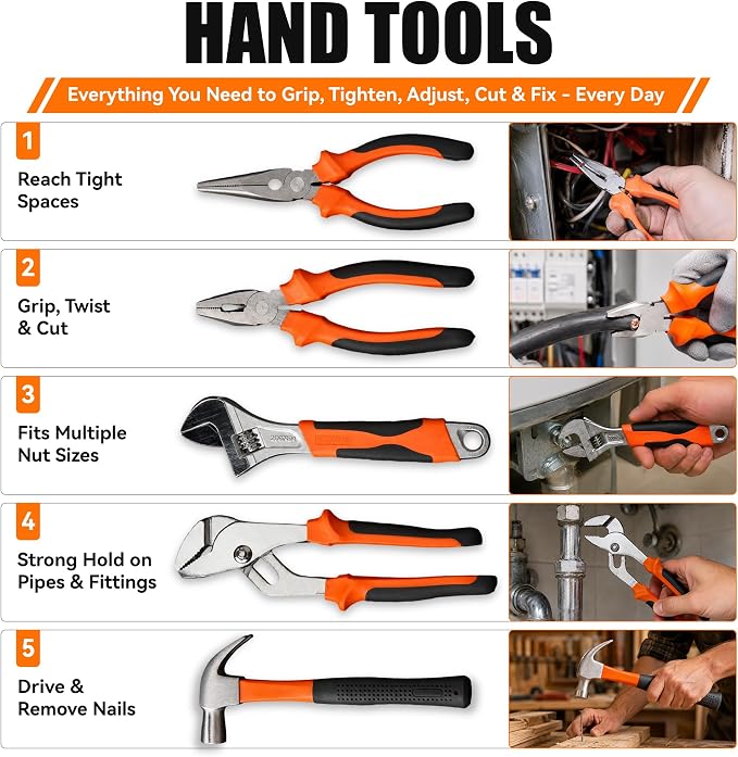 KOOPOOL 160-Piece Tool Kit for Home, Household Tools Set for DIY | Complete Household Tool Set with Hammer, Wrench, Screwdrivers, Pliers and Storage Case for Apartments, Dorms and Home Repairs