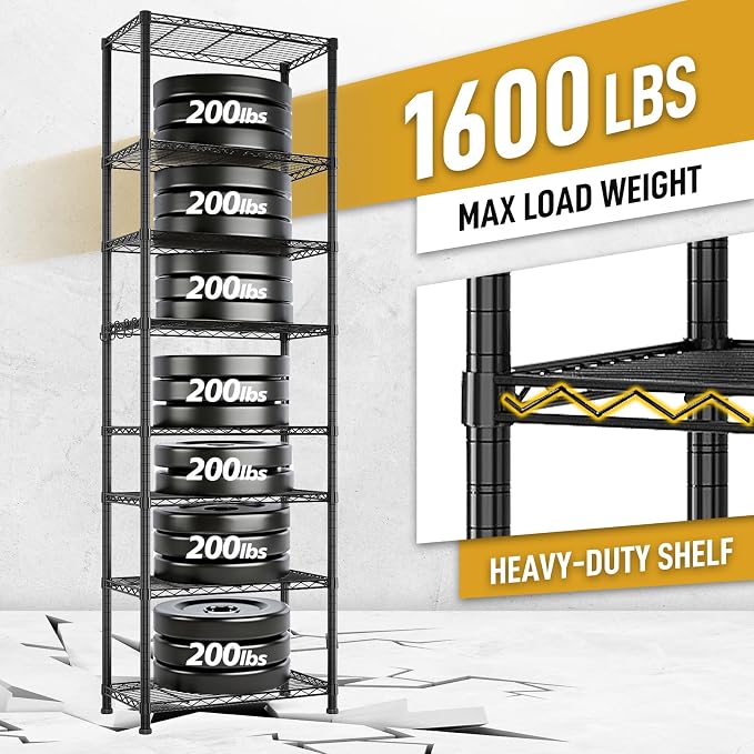Karl home Segmentable 8-Tier Storage Shelving, Adjustable Metal Shelves Wire Storage Rack for Garage Kitchen Basement,1600LBS Capacity 78.74" H X 23.62" W X 13.78" D,Stainless S Hooks,Black