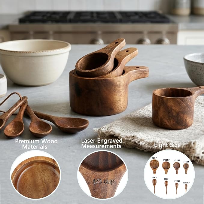 8PCS Wooden Measuring Cups and Spoons Set, Kaloo Natural Solid Acacia Wood Measuring Cups for Dry and Liquid Ingredients (Laser Engraved Measurements)