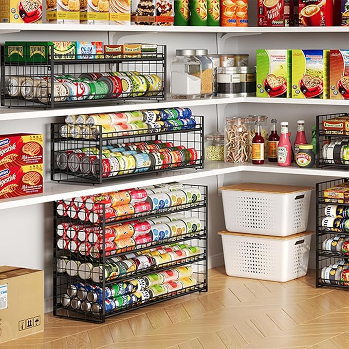 3 Tier Stackable Can Rack Organizer for Pantry Shelf, Adjustable Extra-Long Can Holder for Kitchen Storage, Sturdy Standing Rolling Can Dispenser for Canned Food Goods Drink Soup up to 96, Black