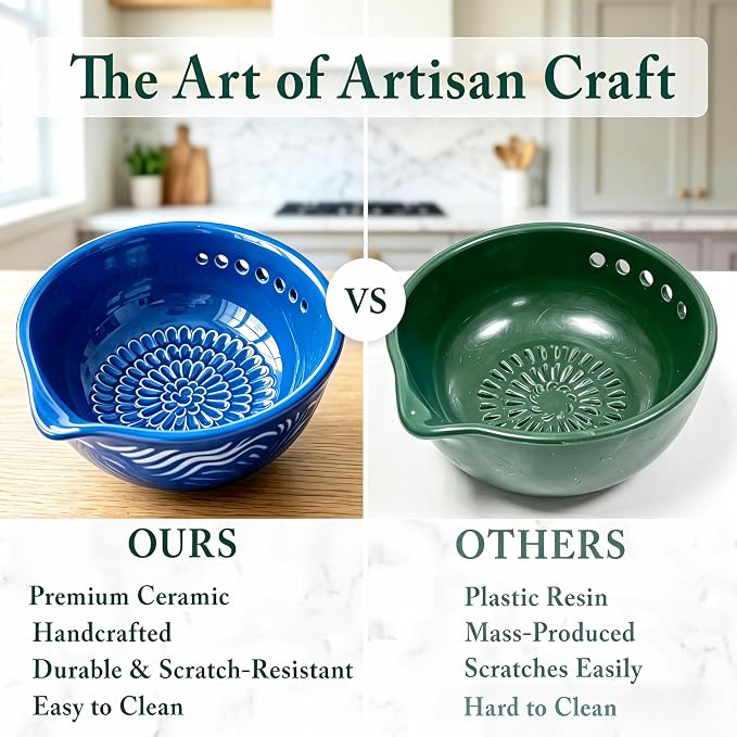 Ceramic Grater Bowl with Herb Stripper, Garlic Ginger Grinder | 3-in-1 Kitchen Tool | Upgraded Grinding Texture | 7 Herb Stripping Holes | Easy Clean | Dishwasher Safe | Blue