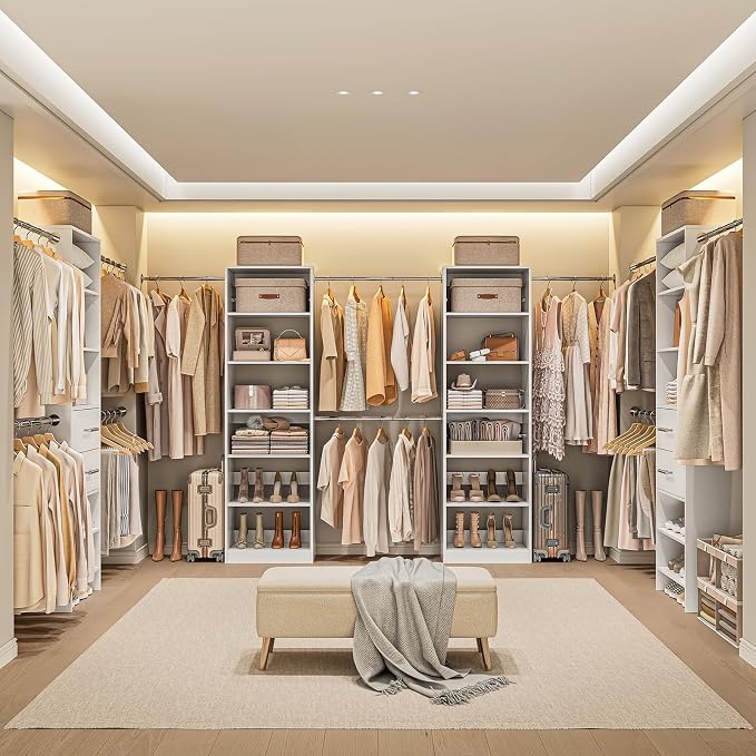 W1 Closet System, 3.5FT-7.7FT Closet Organizer System with 4 Chrome-Plated Telescopic Rods & 6 Adjustable Shelves, Custom Wood Walk-In Closet Wall-Mounted Clothing Rack, White