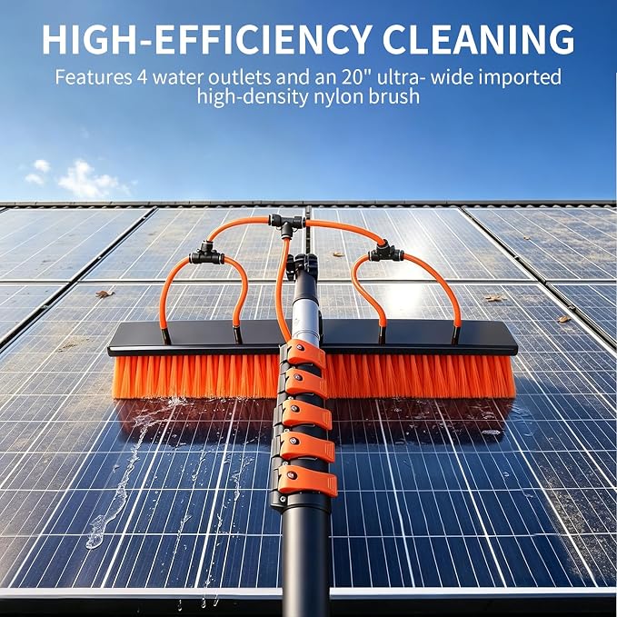 Solar Panel Cleaning Kit with 5-20ft Telescoping Pole, Water Fed Pole Window Cleaning System with Soap-Dispenser, Brush, 11″Squeegee & Cobweb Duster for Snow Removal, Windows, RVs, Decks