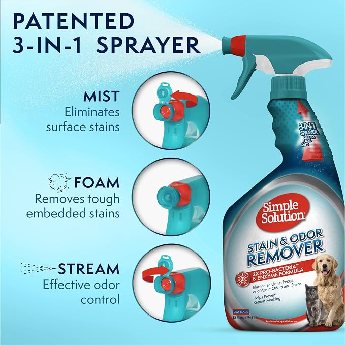 Simple Solution Extreme Stain & Odor Remover, Pee Cleaner, 32oz (Pack of 2) | Dog Stain & Odor Remover, Pet Urine Enzyme Cleaner, Dog Urine Carpet Cleaner, Pet Odor Eliminator, Carpet Stain Remover
