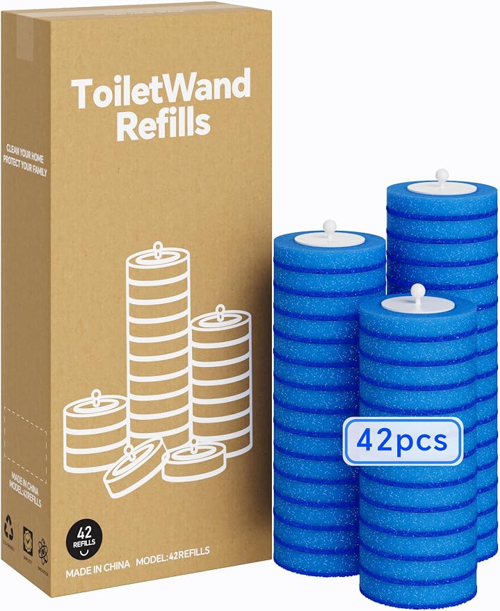 Toilet Wand Kit, Disposable Toilet Bowl Cleaner Brush with Blue Replacement Heads, Press-Button Wand and Self-Closing Freestanding Holder (42 Refills)