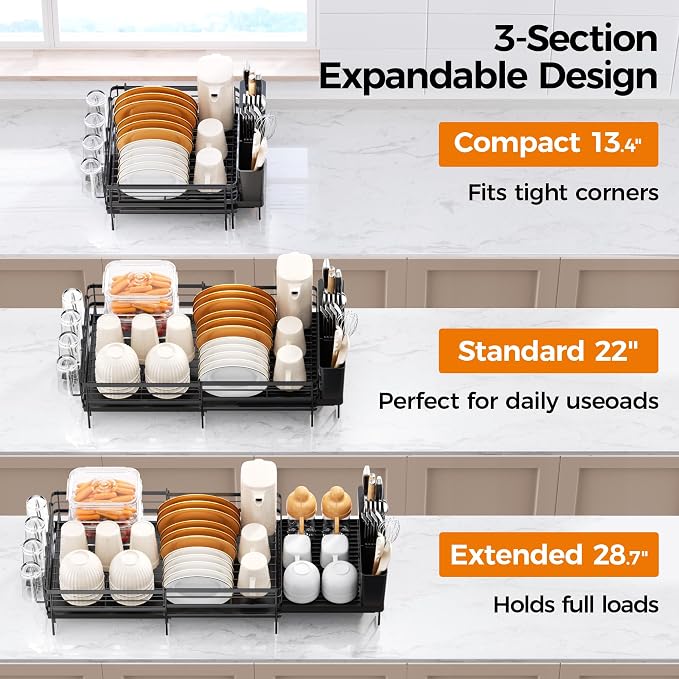 Delamu Stainless Steel Dish Drying Rack, Expandable Dish Drainer, Anti-Rust Large Dish Racks for Kitchen Counter, Dish Strainers with Drainboard, Utensil & Cup Holder, 13.4"-28.7" L x 11.8" W, Black