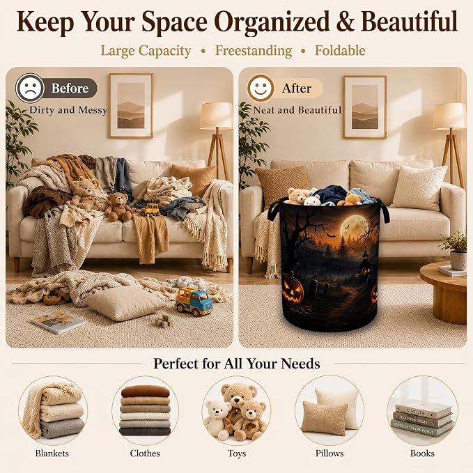 Halloween Pumpkin Night Laundry Basket with Handles, Foldable Tall Oxford Clothes Hamper, Lightweight Water-Resistant Storage Bin for Bedroom Bathroom College Dorm, 16 x 20.8 Inch