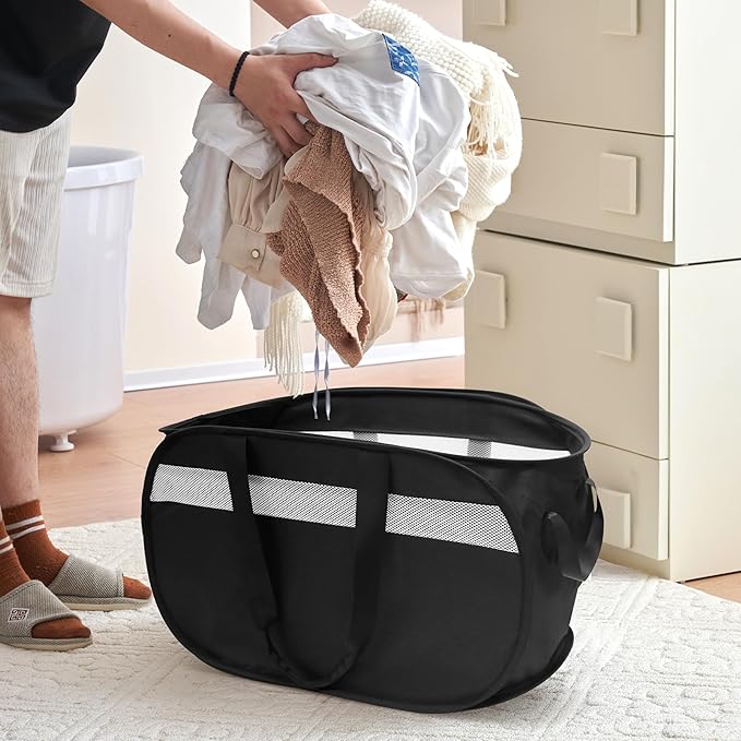 Collapsible Tear Proof Laundry Baskets with Dual Handles, Black | 70L, Foldable, Pop up Hamper, Reinforced Durable Laundry Hamper for Home, Laundry, Bathroom, Dorm or Travel