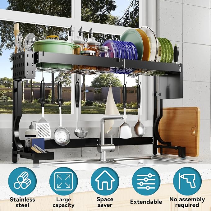 Over the Sink Dish Drying Rack, Height & Width Adjustable Stainless Steel | Large-Capacity Expandable Dish Rack with Utensil & Knife Holders,Hooks for Space-Saving Kitchen Storage | Fits Most Sinks