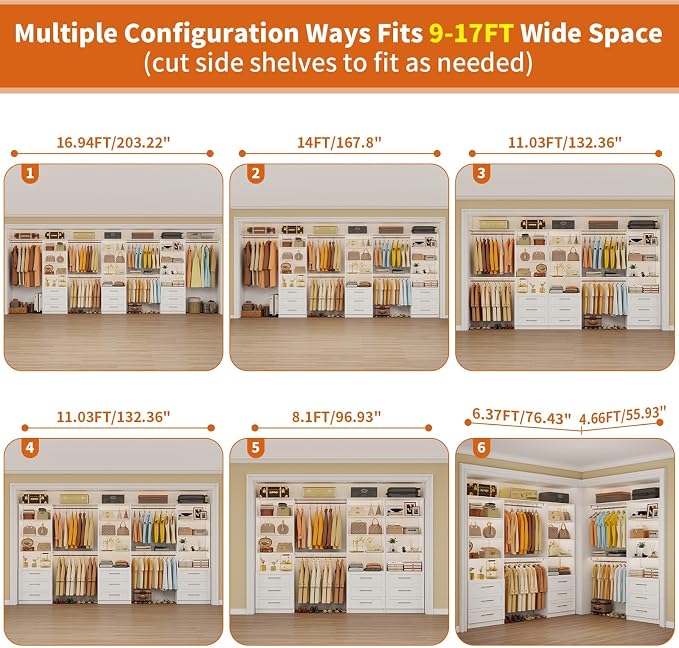 Closet System with 9 Drawers, 9-17FT Custom Closet Organizer System Wood with 9 Hanging Rods & Adjustable Shelves, Walk in Closet Organizer Shelving System, Modular Closet Systems Kits, 3 Sets, White