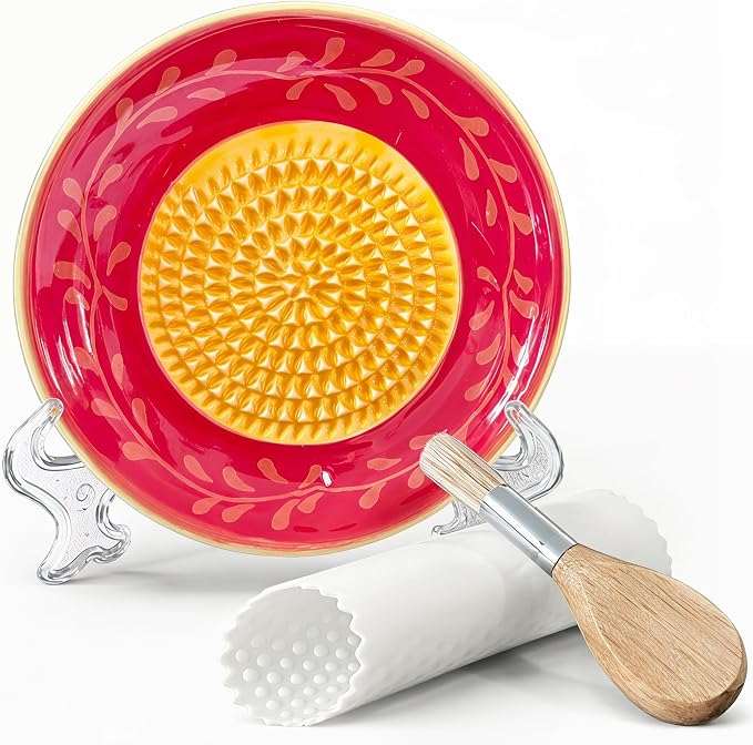 Handcrafted Ceramic Garlic Grater Plate 4-Pc Set, 4.72" Handmade Porcelain Grinding Dish with Wooden Boar Bristle Brush & Textured Silicone Peeler, Crimson Red Olive Vine