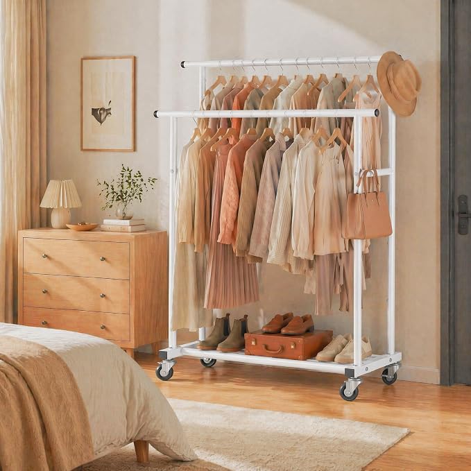 Calmootey Rolling Garment Rack with 2 Rods, Clothes Organizer for Bedroom | High-Low Rods, Two Lockable Wheels, Sturdy Metal Frame, Space-Saving, Fits Laundry, Living Room, White