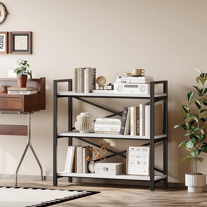 Homeiju 3 Tier Bookshelf 31.49" Width, Wood and Metal Etagere Bookcase, Vintage Farmhouse Modern Wooden Big Book Shelf for Home Living Room Bedroom Office Storage(White)