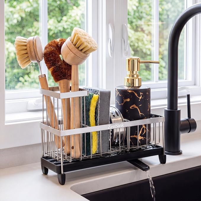 ZenSink Sponge Holder for Kitchen Sink, Kitchen Sink Caddy Organizer with Drain Tray, High Brush Holder, Rustproof 304 Stainless Steel Kitchen Counter Organizer