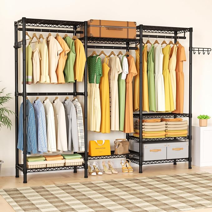 Golpart Heavy Duty Clothes Rack Metal Wardrobe with Adjustable Wire Shelves | Closet Organizers and Storage Clothing Rack Metal System Freestanding Hanging Clothes System Free Standing Garment Coat Racks