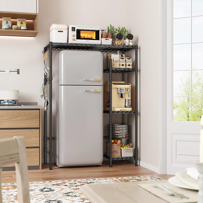 REIBII Mini Fridge Stand with Storage, 4-Tier Adjustable Shelves, 380 lbs | With 8 Hooks, Fits Mini Fridge & Kitchen Appliances, Heavy Duty Steel Frame, Easy Tool-Free Assembly, Dorm & Pantry