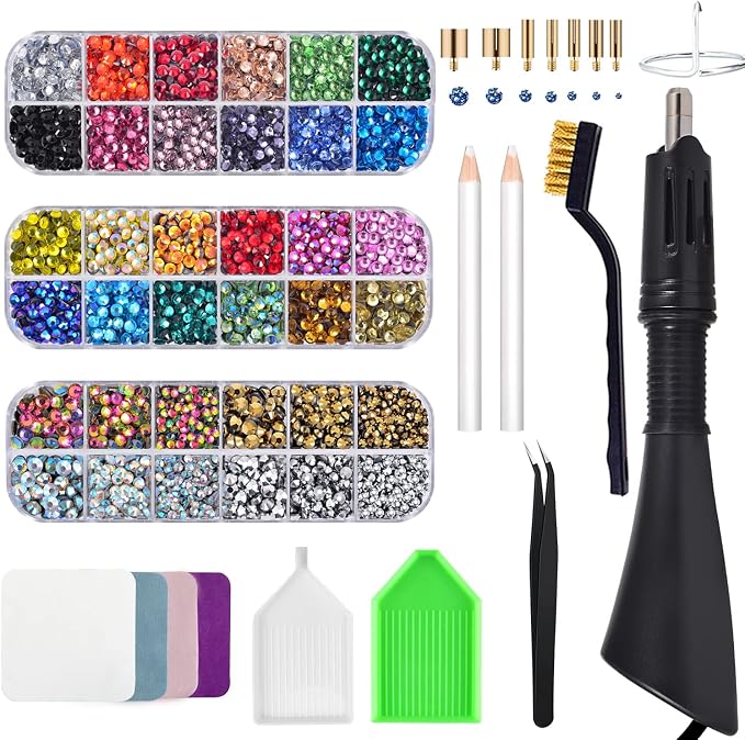 Epesl Bedazzler Kit with Rhinestones, Hot Fixed Gems Craft Applicator - Diamond Painting Pen, Wax Pencil, Tweezers, Tray, Cleaning Brush, Picker Rhinestones Crystals for DIY Clothes Shoes