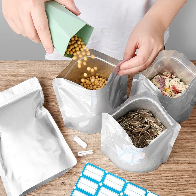 SYMYNELEC 100-Pack Mylar Bags with 400cc Oxygen Absorbers for Food Storage | 11.8 Mil Heavy Duty, 3 Sizes (1 Gallon, 1 Quart, 1/2 Pint), Stand-up Zipper, Resealable, Heat Sealable, Airtight, Smell Proof