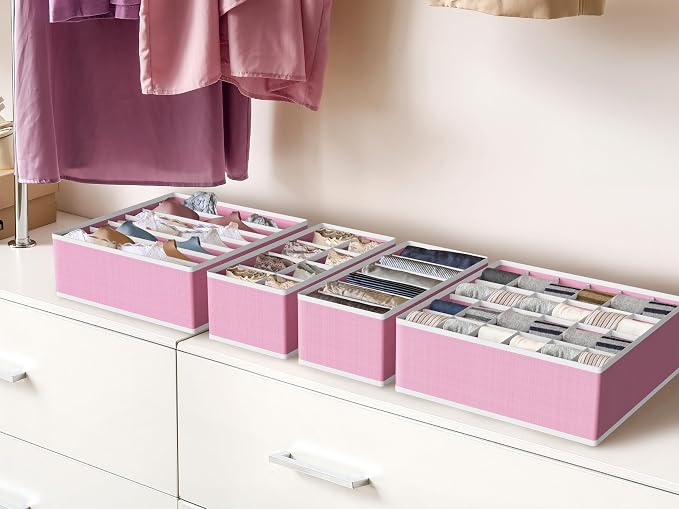 Simple Houseware 4-Pack Drawer Organizer Set for Underwear/Socks/Bra, Pink | Closet Dividers for Underwear, Socks, Bras, Scarves, Ties - Foldable Non-Woven Storage Boxes