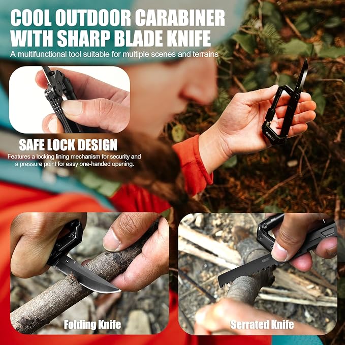 Carabiner Multitool 8-in-1 EDC Carabiners Pocket Knife for Camping, Black | Gifts for Men, Folding Serrated Knife, Bottle Opener, Rope Cutter, Screwdriver, Ruler, Survival Gear for Hiking Packs Carry