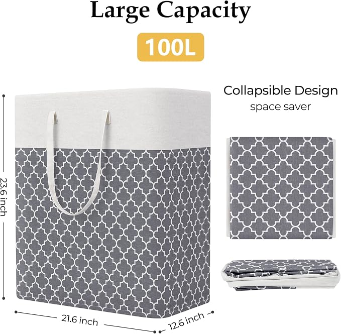StorageRight Laundry Basket Hamper, 100L Clothes Storage, Clover Grey | Freestanding Clothes Hampers, Foldable design, with Easy Carry Handles, For Laundry, Bedroom, Dorm, Clothing, Towels, Toys