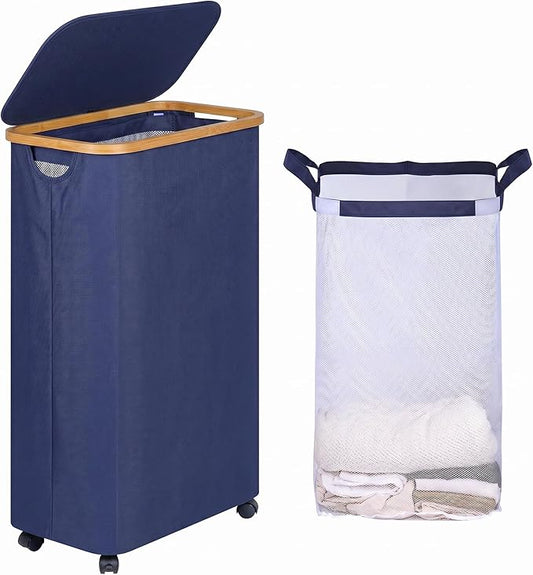 efluky Slim Laundry Hamper with Wheels, Narrow Laundry Basket with Lid and Removable Bag, Aesthetic Dirty Clothes Hamper on Wheels for Laundry Room, Bedroom, Dorm and Bathroom, 75L Beige