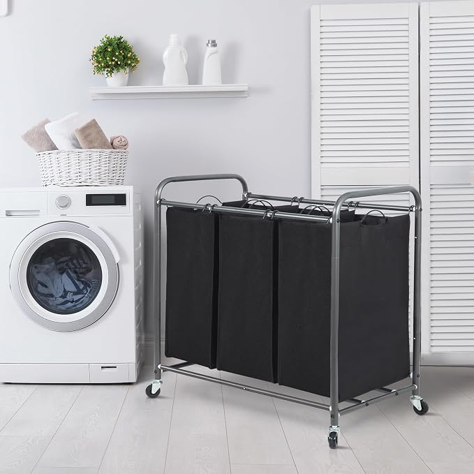 STORAGE MANIAC 3 Section Laundry Sorter, 35.6 Gal (135 L) Laundry Hamper Cart with Heavy Duty Rolling Lockable Wheels and Removable Bags, Clothes Organizer Basket Separator Hamper, Black