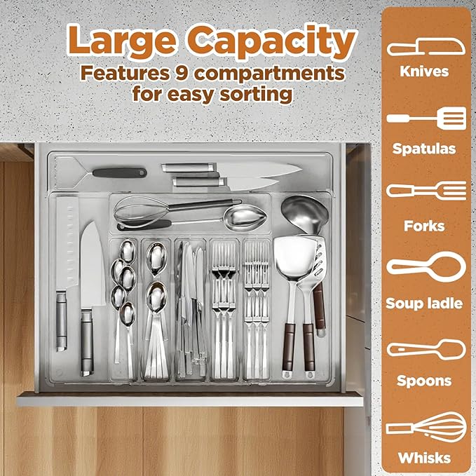 Expandable Utensil Drawer Organizer, Clear Plastic Silverware Tray for Drawers 9 Compartments Adjustable Non-Slip Drawer Storage Organizer for Tableware Knives Forks Spoons Tools Stationery