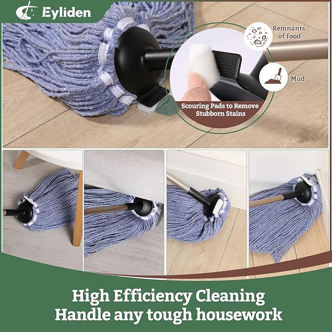 Eyliden Heavy Duty Floor Mop, Non-Touch Replacement, 2 Reusable Cotton Heads, 4 Scouring Pads, Industrial Wet & Dry Mops for Home & Commercial, Kitchen, Garage & Office Floor Cleaning, Blue